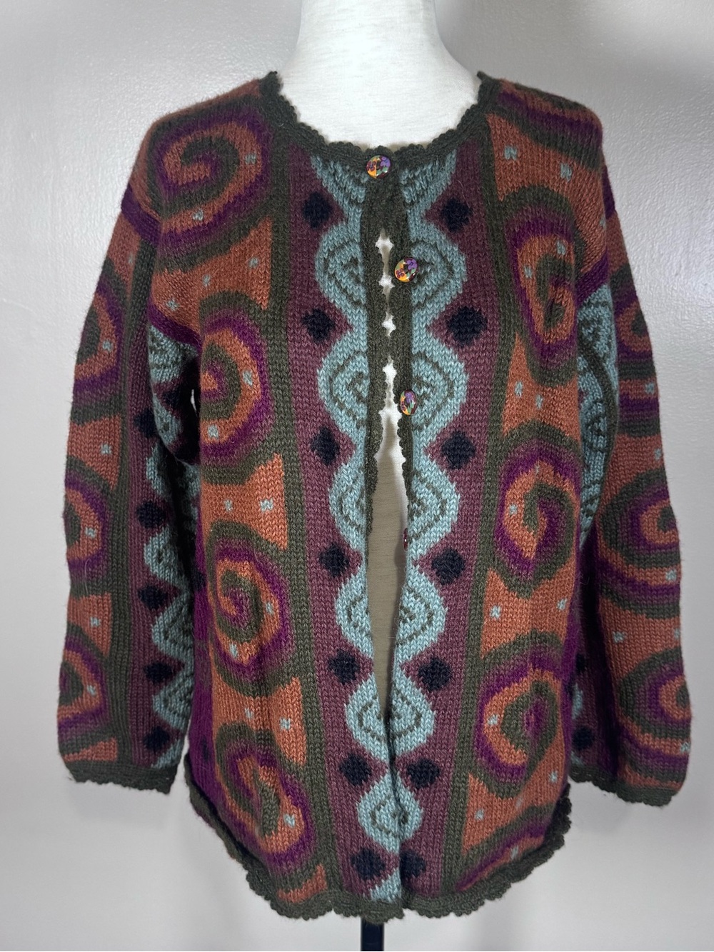 Peruvian 100% Alpaca Wool Jewel Tone Artisan Hand Knit Boho Artsy Cardigan Sz M